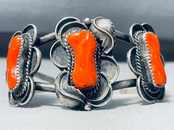 Big Old Chunks Of Coral Vintage Native American Navajo Sterling Silver Bracelet-Nativo Arts