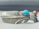 Intricate Native American Navajo Morenci Turquoise Coral Sterling Silver Feather Bracelet-Nativo Arts