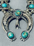 Rare Gilber Turquoise Vintage Native American Navajo Sterling Silver Squash Blossom Necklace-Nativo Arts