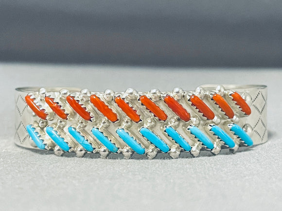 Brilliant Native American Navajo Turquoise And Coral Diagonals Sterling Silver Bracelet-Nativo Arts