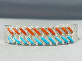 Brilliant Native American Navajo Turquoise And Coral Diagonals Sterling Silver Bracelet-Nativo Arts