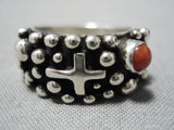 Excellent Navajo Coral Sterling Silvercross Ring Native American-Nativo Arts