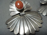 Astonishing Vintage Native American Navajo Coral Sterling Silver Fan Earrings-Nativo Arts