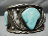 Such A Heavy Vintage Native American Navajo Carico Lake Turquoise Sterling Silver Leaf Bracelet-Nativo Arts