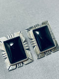 Superb Native American Navajo Black Onyx Sterling Silver Earrings-Nativo Arts
