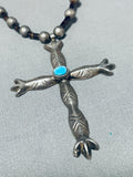Amazing Vintage Native American Navajo Blue Gem Turquoise Sterling Silver Cross Necklace-Nativo Arts