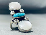 Amazing Native American Navajo Vintage Blue Gem Turquoise Mother Of Pearl Sterling Silver Ring-Nativo Arts