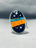 Spectacular Native American Navajo Signed Cosmic Inlay Jet Coral Sterling Silver Oval Ring-Nativo Arts