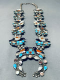 Authentic Inlay Vintage Native American Zuni Turquoise Sterling Silver Squash Blossom Necklace-Nativo Arts
