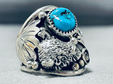 Astonishing Native American Navajo Kingman Turquoise Sterling Silver Buffalo Ring-Nativo Arts