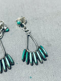 Early 1900s Vintage Native American Zuni Blue Gem Turquoise Needlepoint Sterling Silver Earrings-Nativo Arts