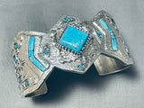 One Of The Craziest Ever Native American Navajo Turquoise Inlay Sterling Silver Bracelet-Nativo Arts