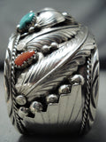 Wide Detailed Bear Native American Navajo Turquoise Coral Sterling Silver Bracelet-Nativo Arts