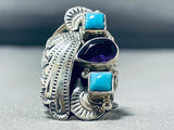 Dramatic Native American Navajo Amethyst 2 Sleeping Beauty Turquoise Sterling Silver Ring-Nativo Arts