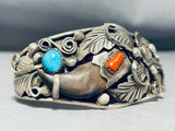 Notably Detailed Native American Navajo Turquoise Coral Sterling Silver Leaves Bracelet-Nativo Arts