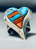 Best Native American Navajo Turquoise Heart Sterling Silver Coral Inlay Ring-Nativo Arts