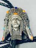 Chief Head Vintage Sterling Silver Turquoise Spiny Oyster Bolo Tie-Nativo Arts
