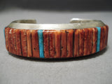 Detailed Native American Navajo Turquoise Spiny Oyster Sterling Silver Thicker Bracelet-Nativo Arts