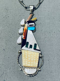 Phil Gia Vintage Native American Zuni Inlay Textured Turquoise Sterling Silver Necklace-Nativo Arts