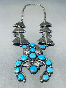 One Most Unique Vintage Native American Navajo Turquoise Sterling Silver Squash Blossom Necklace-Nativo Arts