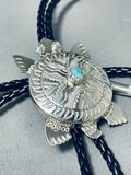Important Native American Navajo Signed Turquoise Sterling Silver Turtle Huge Bolo-Nativo Arts