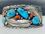 Wide Mens Vintage Native American Navajo Turquoise Coral Leaf Sterling Silver Bracelet-Nativo Arts