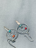 Unique Native American Navajo Turquoise Coral Sterling Silver Dream Catcher Earrings-Nativo Arts