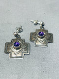 Expressive Vintage Native American Navajo Amethyst Sterling Silver Cross Earrings-Nativo Arts