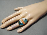 Huge Men's Native American Navajo Inlay Turquoise Coral Jet Sterling Silver Ring-Nativo Arts