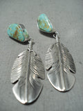 Native American Detailed Feather Genius Royston Turquoise Sterling Silver Earrings-Nativo Arts