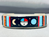 Amazing Native American Navajo Inlay Turquoise Jet Coral Sunface Cosmic Sterling Silver Cuff-Nativo Arts