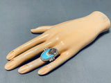 Important Native American Navajo Signed Inlay Turquoise Shell Scene Sterling Silver Ring-Nativo Arts
