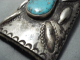 Early 1900's Vintage Native American Navajo Turquoise Sterling Silver Bracelet Bowguard Old-Nativo Arts