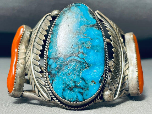 Eddie Beyuka Vintage Zuni Turquoise Coral Sterling Silver Bracelet-Nativo Arts