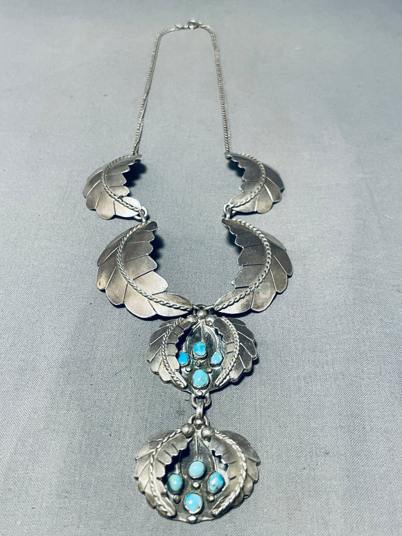 One Of Best Vintage Native American Navajo Hand Carved Leaf Sterling Silver Turquoise Necklace-Nativo Arts