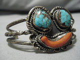 Magnificent Vintage Native American Navajo Turquoise Coral Sterling Silver Bracelet Old-Nativo Arts