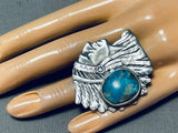 Signed San Felipe Old Kingman Turquoise Sterling Silver Chief Ring-Nativo Arts