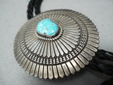 Detailed Vintage Native American Navajo Old Kingman Turquoise Sterling Silver Bolo Tie Old-Nativo Arts