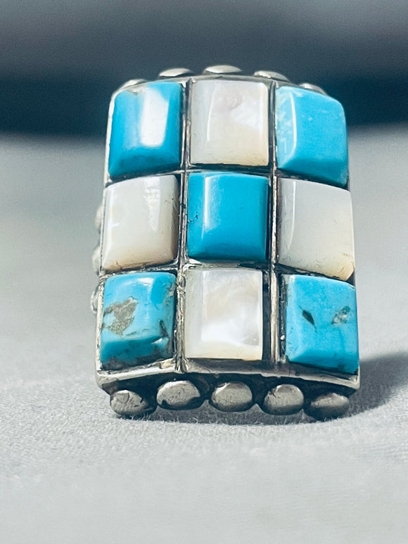 Huge Vintage Native American Navajo Turquoise Pearl Sterling Silver Inlay Heavy Ring-Nativo Arts