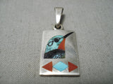 Incredible Detailed Native American Zuni Turquoise Coral Sterling Silver Bird Pendant-Nativo Arts