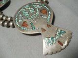 Huge Vintage Native American Navajo Green Turquoise Sterling Silver Squash Blossom Necklace-Nativo Arts