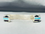 Native American Heavy Unique Inlay Vintage Zuni Turquoise Sterling Silver Bracelet-Nativo Arts