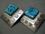 Exceptional Vintage Native American Navajo Old Kingman Turquoise Sterling Silver Earrings Old-Nativo Arts