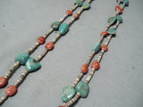 Native American Incredible Santo Domingo Green Turquoise Coral Sterling Silver Heishi Necklace-Nativo Arts