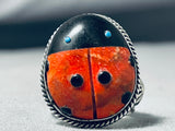 Important Ben Begaye Native American Navajo Coral Turquoise Sterling Silver Ladybug Ring-Nativo Arts