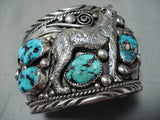 Huge Howling Coyote Vintage Native American Navajo Turquoise Sterling Silver Bracelet-Nativo Arts