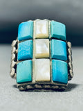 Amazing Vintage Native American Navajo 6 Turquoise 3 Mother Of Pearl Sterling Silver Ring-Nativo Arts