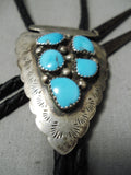 Detailed Vintage Native American Navajo Turquoise Sterling Silver Arrowhead Bolo Tie-Nativo Arts