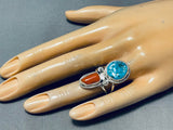 Wonderful Native American Navajo Morenci Turquoise And Coral Sterling Silver Ring-Nativo Arts