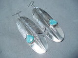 Feather Genius Native American Navajo Turquoise Sterling Silver Earrings-Nativo Arts